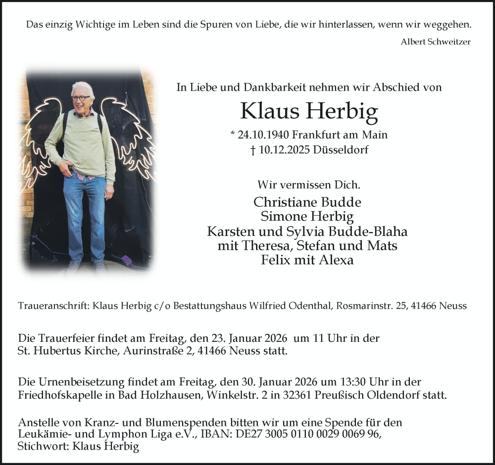  Traueranzeige für Klaus Herbig vom 17.01.2026 aus Rheinische Post