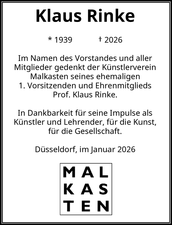 Traueranzeige von Klaus Rinke von Rheinische Post