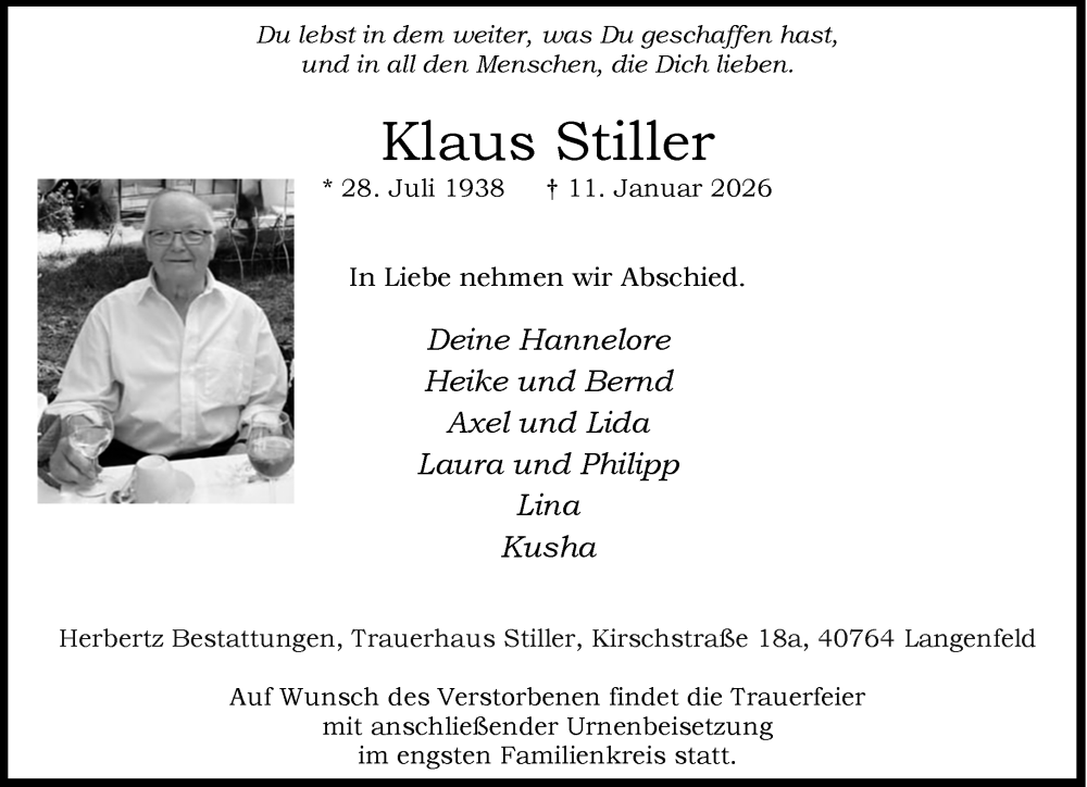  Traueranzeige für Klaus Stiller vom 24.01.2026 aus Rheinische Post