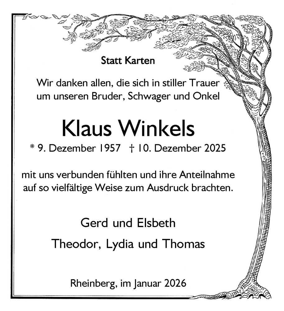  Traueranzeige für Klaus Winkels vom 31.01.2026 aus Rheinische Post