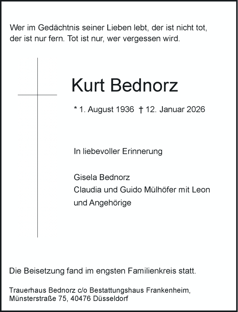  Traueranzeige für Kurt Bednorz vom 07.02.2026 aus Rheinische Post