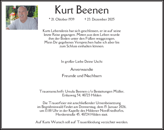 Traueranzeige von Kurt Beenen von Rheinische Post