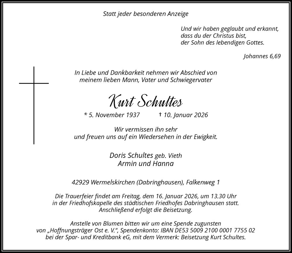 Traueranzeige für Kurt Schultes vom 13.01.2026 aus Rheinische Post