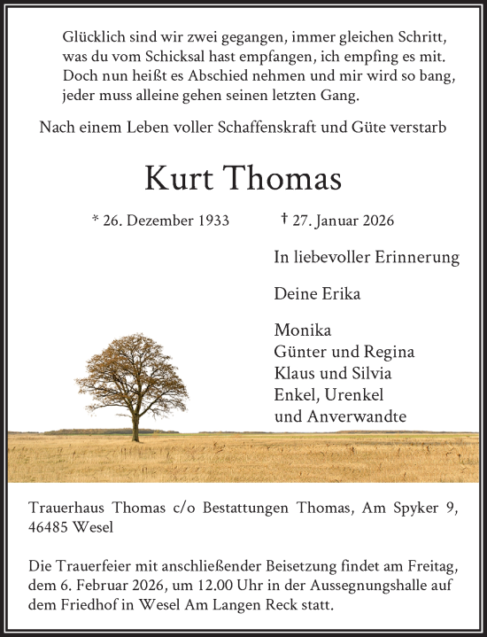 Traueranzeige von Kurt Thomas von Rheinische Post