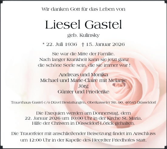 Traueranzeige von Liesel Gastel von Rheinische Post
