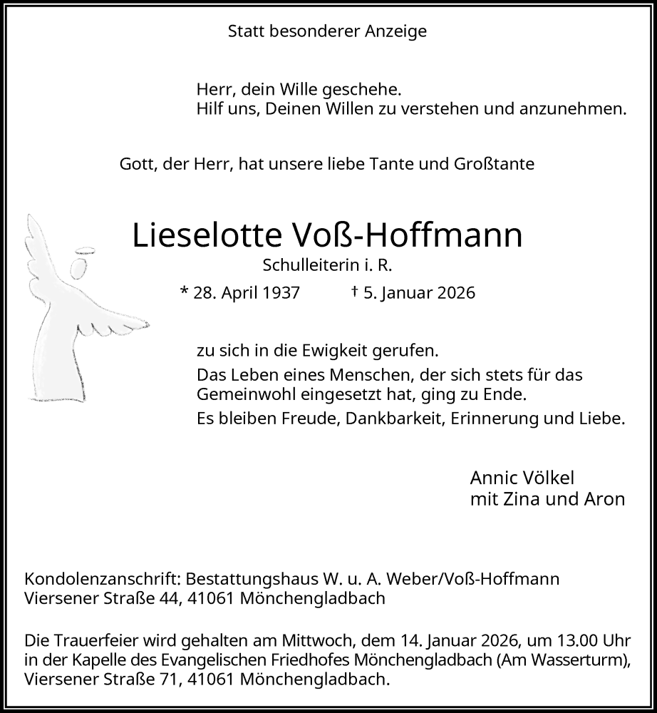  Traueranzeige für Lieselotte Voß-Hoffmann vom 10.01.2026 aus Rheinische Post