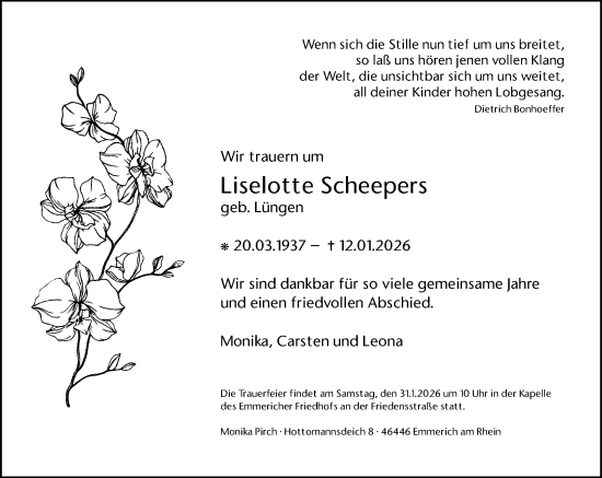 Traueranzeige von Liselotte Scheepers von Rheinische Post