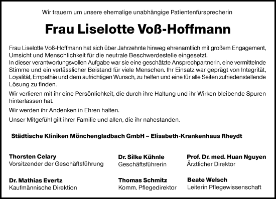 Traueranzeige von Liselotte Voß-Hoffmann von Rheinische Post