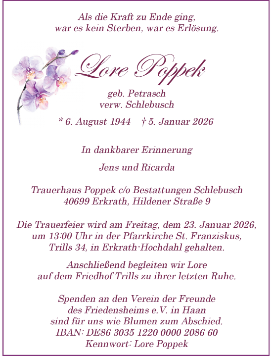 Traueranzeige von Lore Poppek von Rheinische Post
