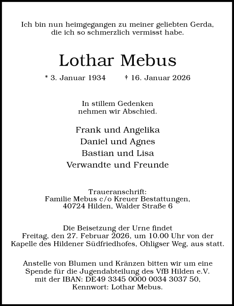  Traueranzeige für Lothar Mebus vom 31.01.2026 aus Rheinische Post
