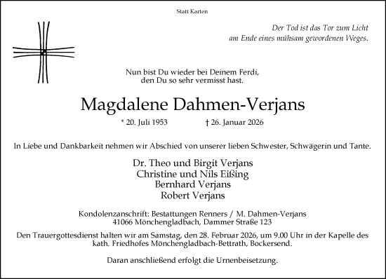 Traueranzeige von Magdalene Dahmen-Verjans von Rheinische Post
