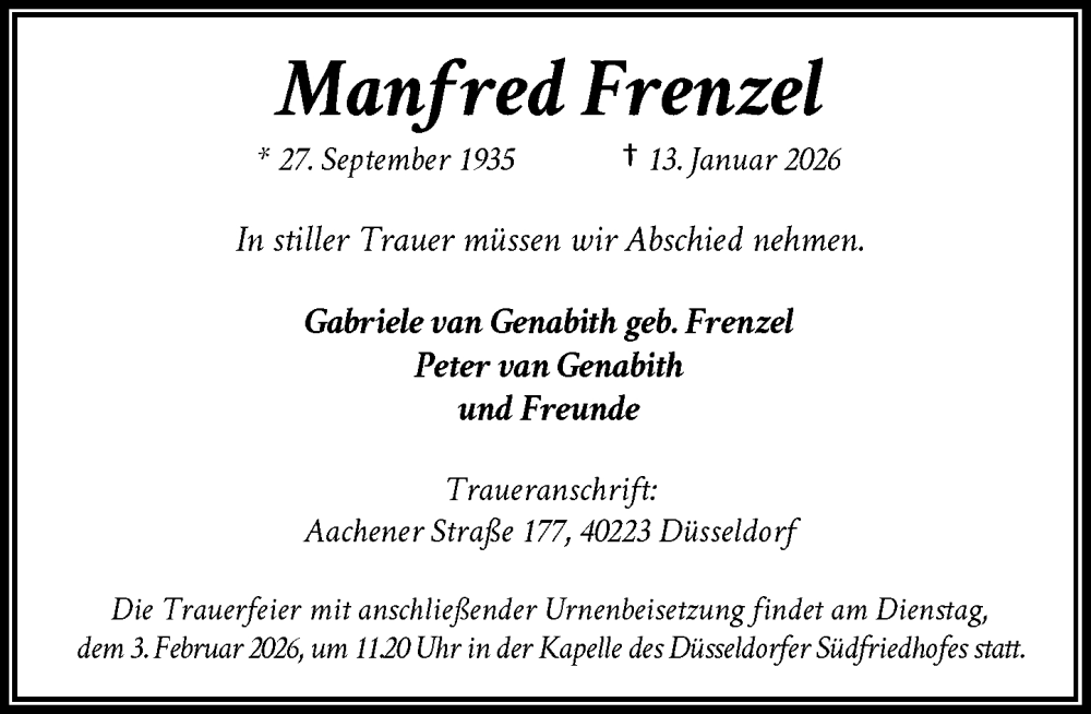  Traueranzeige für Manfred Frenzel vom 31.01.2026 aus Rheinische Post