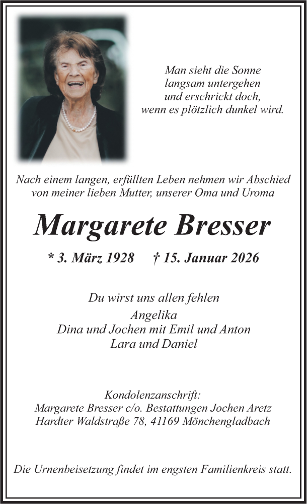  Traueranzeige für Margarete Bresser vom 24.01.2026 aus Rheinische Post