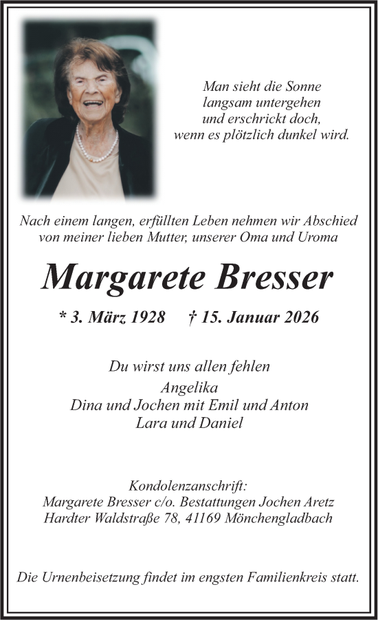 Traueranzeige von Margarete Bresser von Rheinische Post