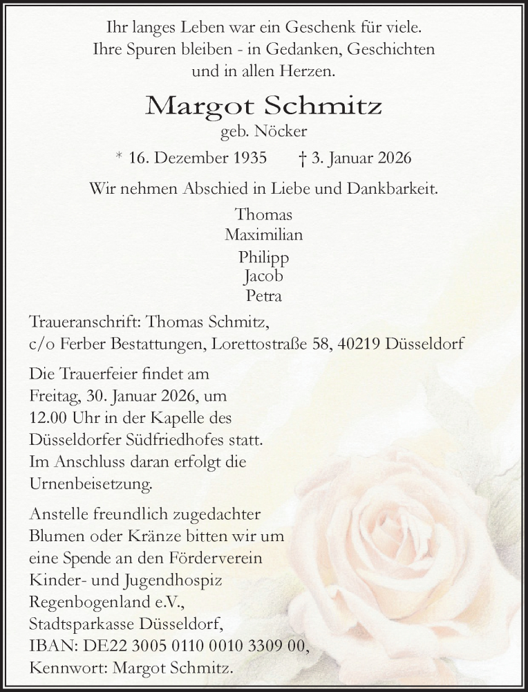  Traueranzeige für Margot Schmitz vom 24.01.2026 aus Rheinische Post