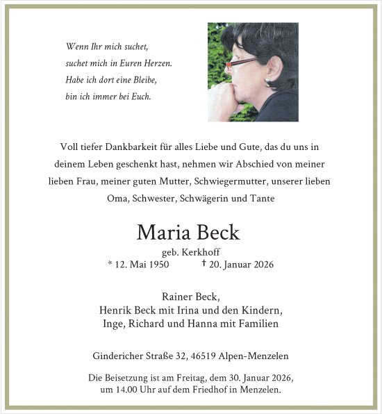 Traueranzeige von Maria Beck von Rheinische Post