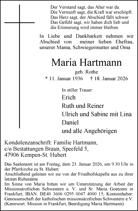 Traueranzeige von Maria Hartmann von Rheinische Post