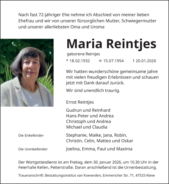 Traueranzeige von Maria Reintjes von Rheinische Post