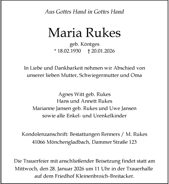 Traueranzeige von Maria Rukes von Rheinische Post