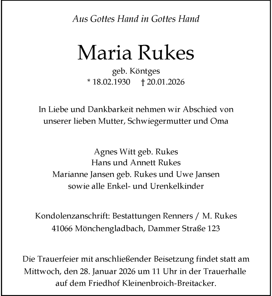  Traueranzeige für Maria Rukes vom 24.01.2026 aus Rheinische Post