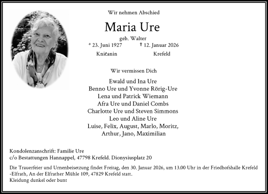 Traueranzeige von Maria Ure von Rheinische Post