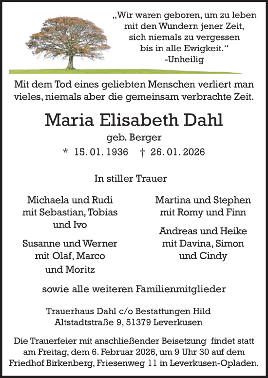Traueranzeige von Maria Elisabeth Dahl von Rheinische Post