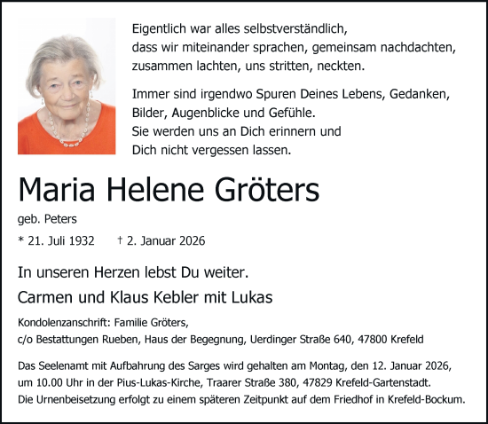 Traueranzeige von Maria Helene Gröters von Rheinische Post