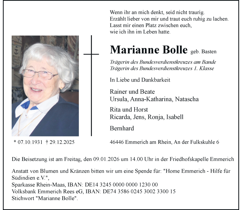  Traueranzeige für Marianne Bolle vom 07.01.2026 aus Rheinische Post