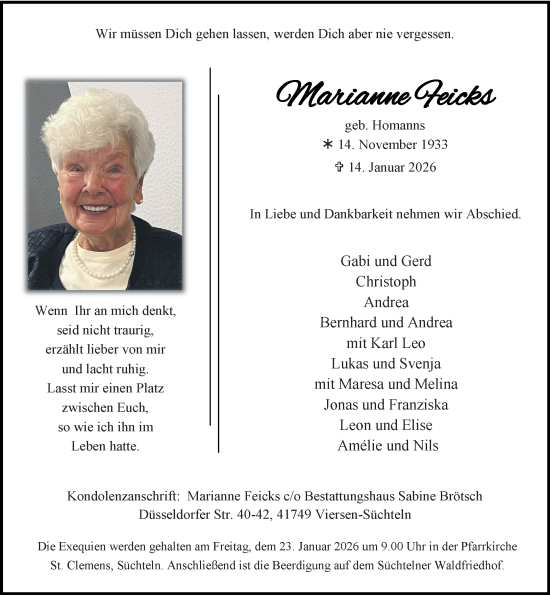 Traueranzeige von Marianne Feicks von Rheinische Post