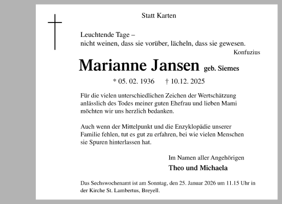 Traueranzeige von Marianne Jansen von Rheinische Post