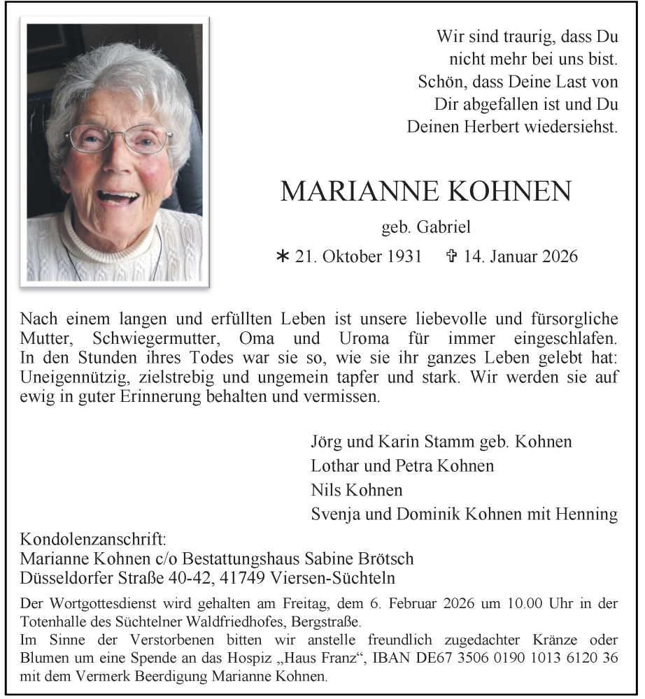  Traueranzeige für Marianne Kohnen vom 24.01.2026 aus Rheinische Post