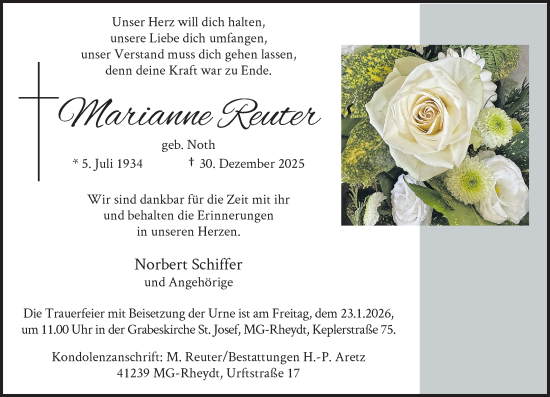 Traueranzeige von Marianne Reuter von Rheinische Post