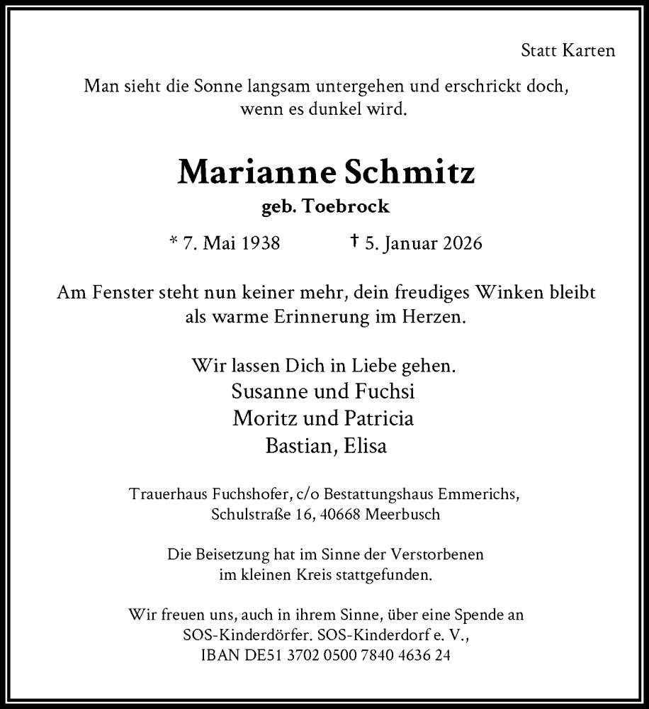  Traueranzeige für Marianne Schmitz vom 07.02.2026 aus Rheinische Post