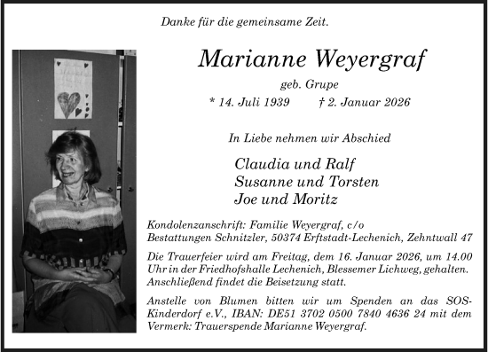 Traueranzeige von Marianne Weyergraf von Rheinische Post