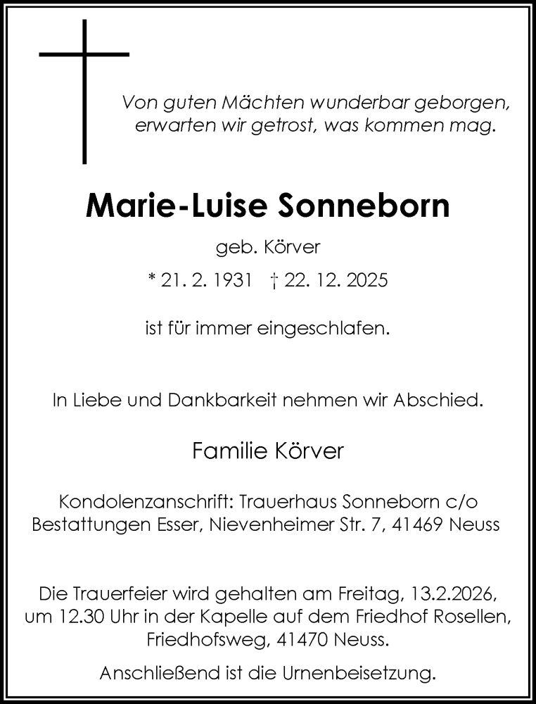  Traueranzeige für Marie-Luise Sonneborn vom 31.01.2026 aus Rheinische Post