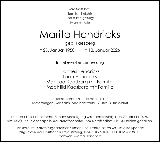 Traueranzeige von Marita Hendricks von Rheinische Post