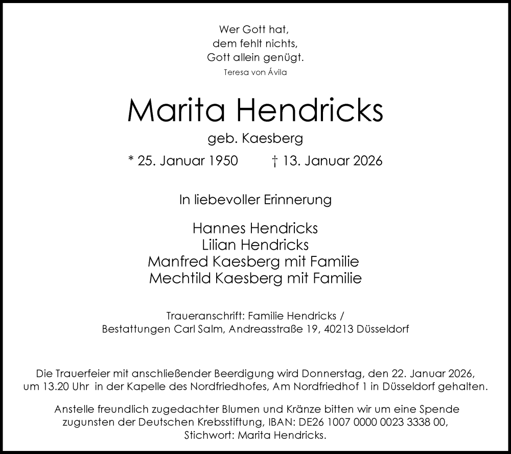  Traueranzeige für Marita Hendricks vom 17.01.2026 aus Rheinische Post