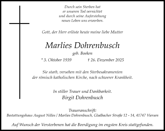 Traueranzeige von Marlies Dohrenbusch von Rheinische Post
