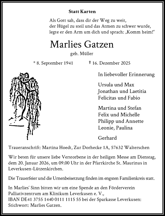Traueranzeige von Marlies Gatzen von Rheinische Post