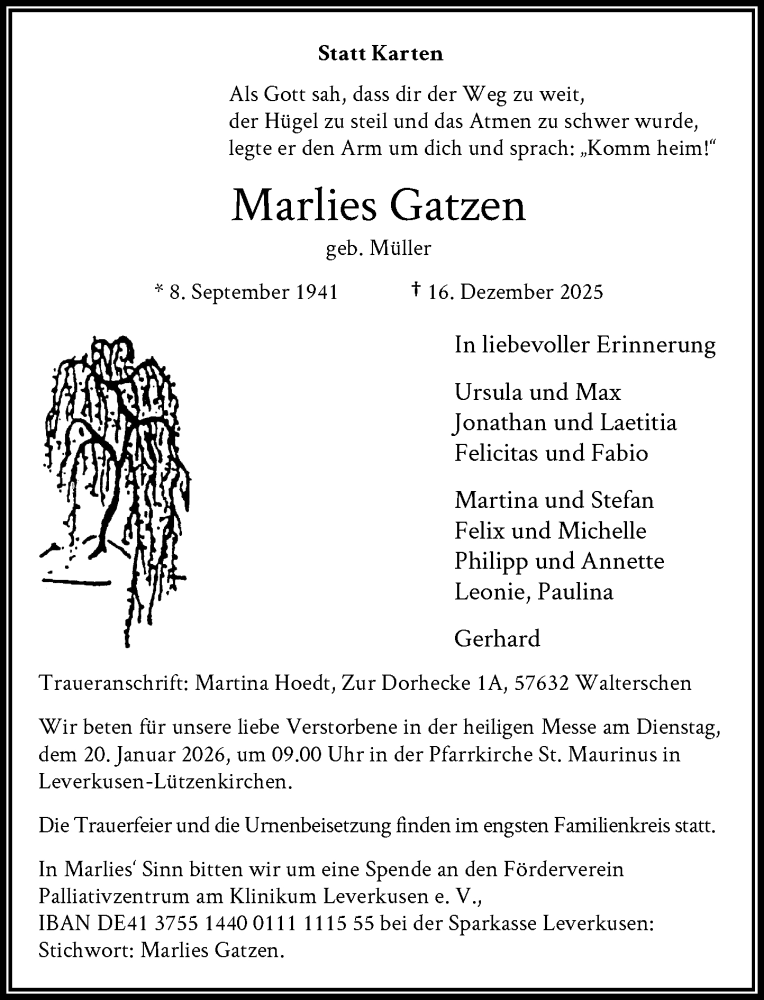  Traueranzeige für Marlies Gatzen vom 03.01.2026 aus Rheinische Post