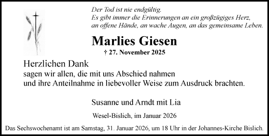 Traueranzeige von Marlies Giesen von Rheinische Post