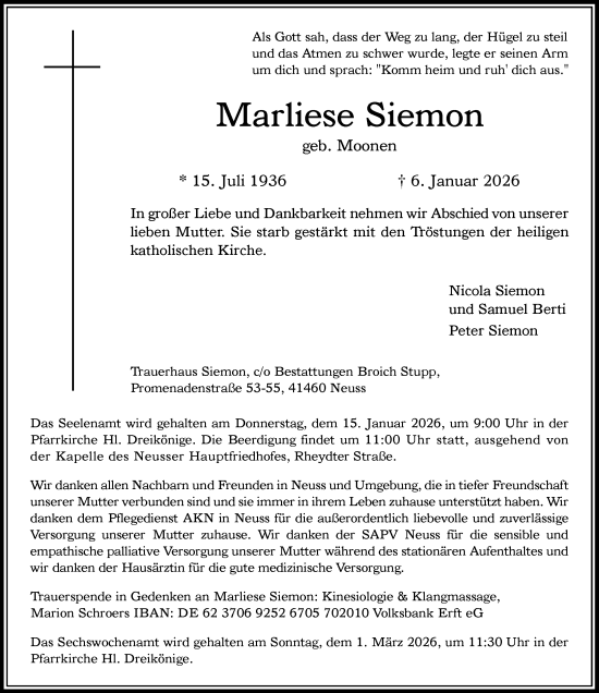 Traueranzeige von Marliese Siemon von Rheinische Post