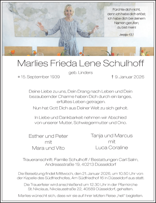 Traueranzeige von Marlies Frieda Lene Schulhoff von Rheinische Post