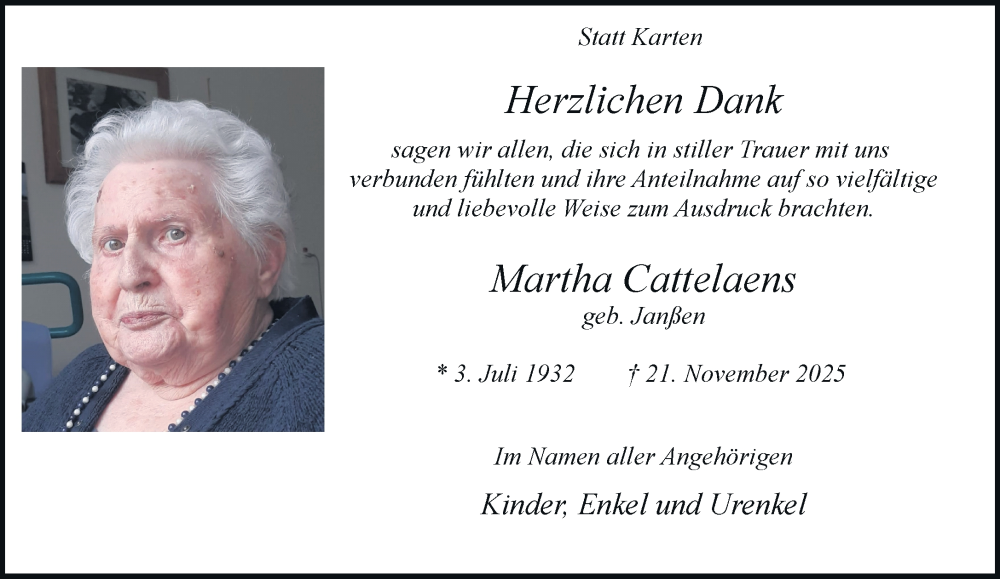  Traueranzeige für Martha Cattelaens vom 10.01.2026 aus Rheinische Post