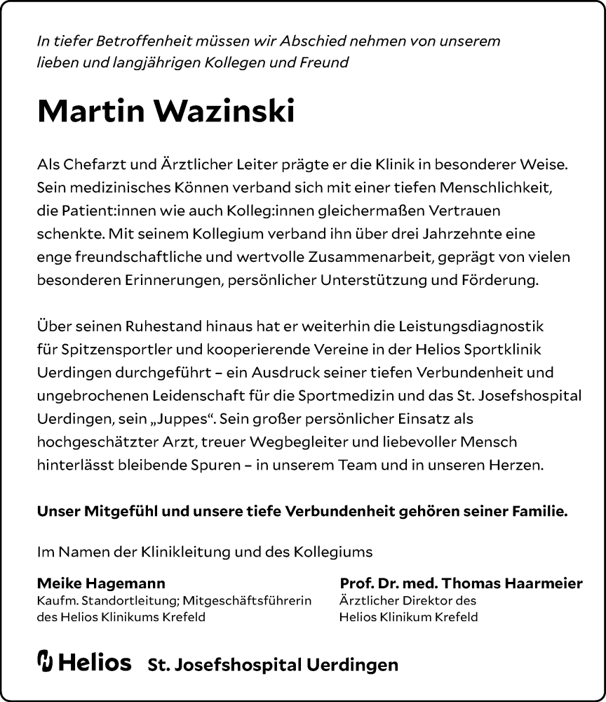  Traueranzeige für Martin Wazinski vom 10.01.2026 aus Rheinische Post