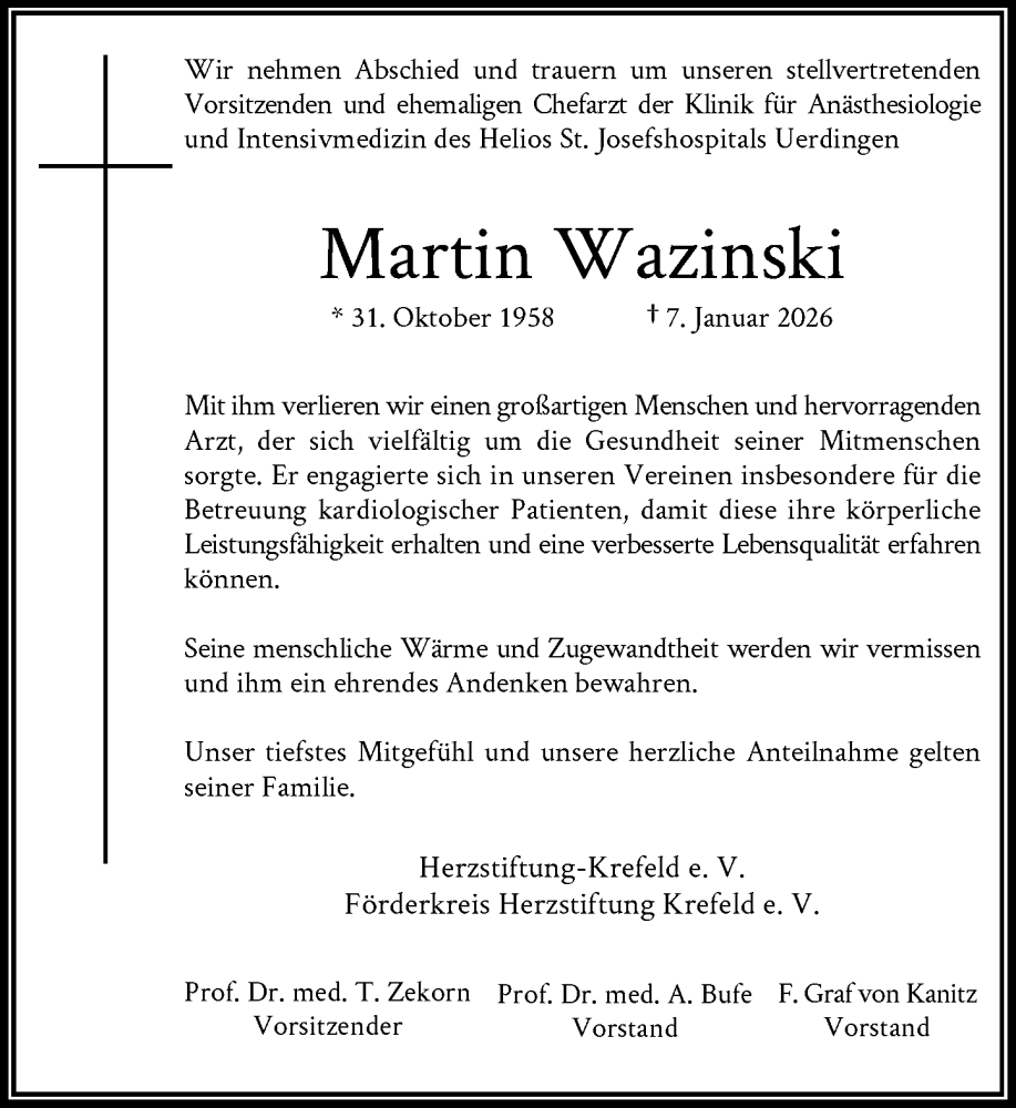  Traueranzeige für Martin Wazinski vom 14.01.2026 aus Rheinische Post