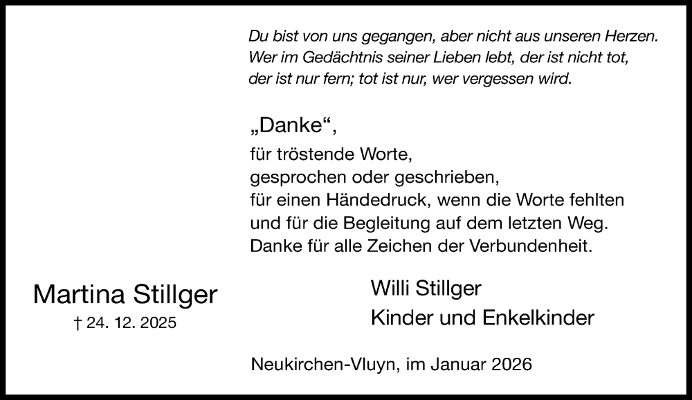  Traueranzeige für Martina Stillger vom 24.01.2026 aus Rheinische Post