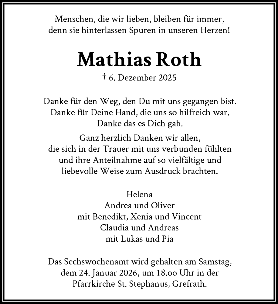  Traueranzeige für Mathias Roth vom 17.01.2026 aus Rheinische Post