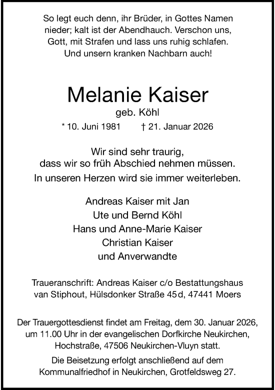 Traueranzeige von Melanie Kaiser von Rheinische Post