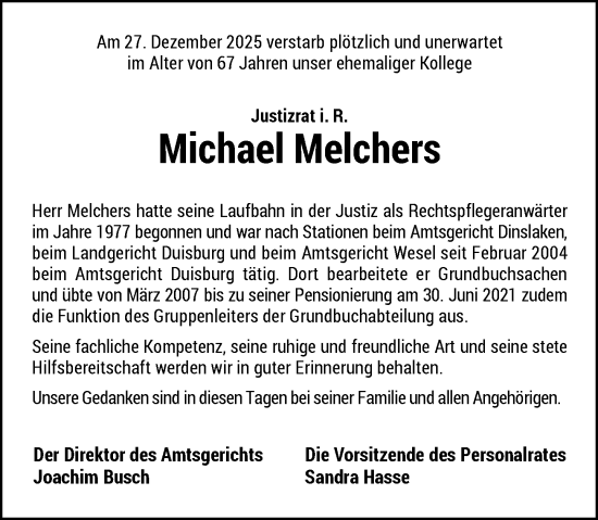 Traueranzeige von Michael Melchers von Rheinische Post